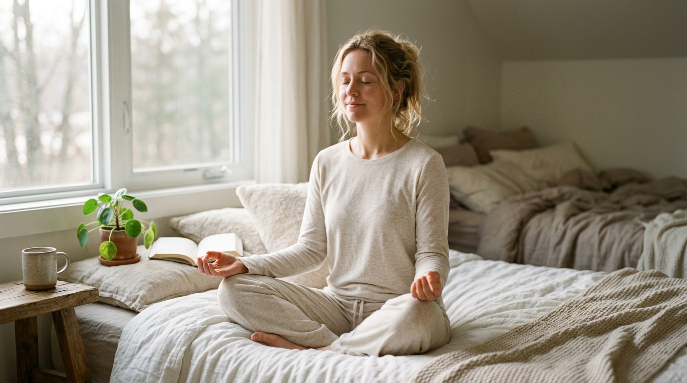 woman meditating peacefully in morning bedroom light