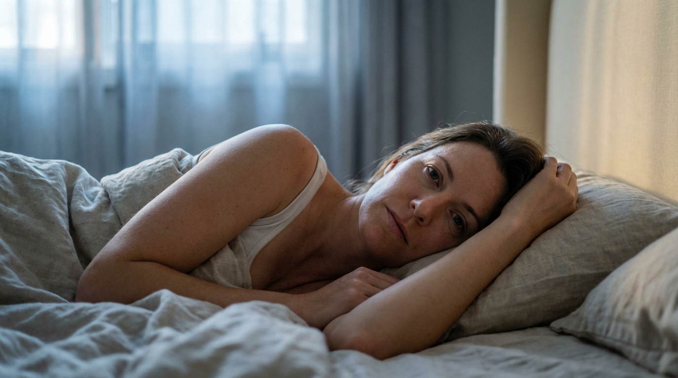 Woman lying awake in bed in early morning light looking calm and present