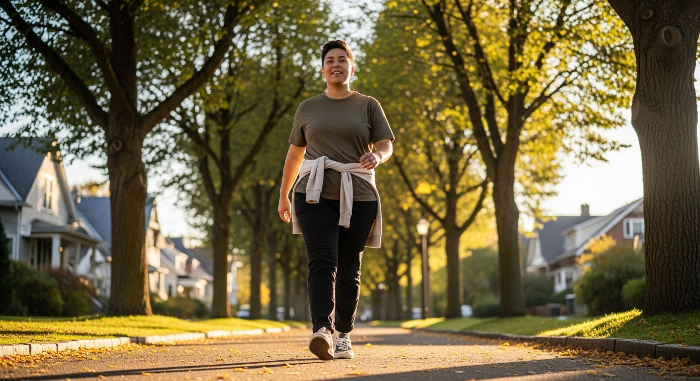 Person walking along a tree-lined path in casual clothing, soft natural light.