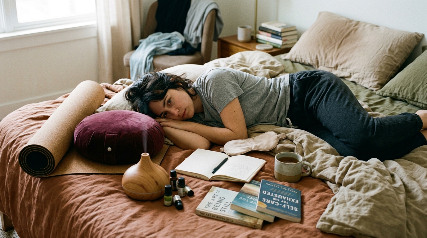 overwhelmed woman surrounded by unused wellness items