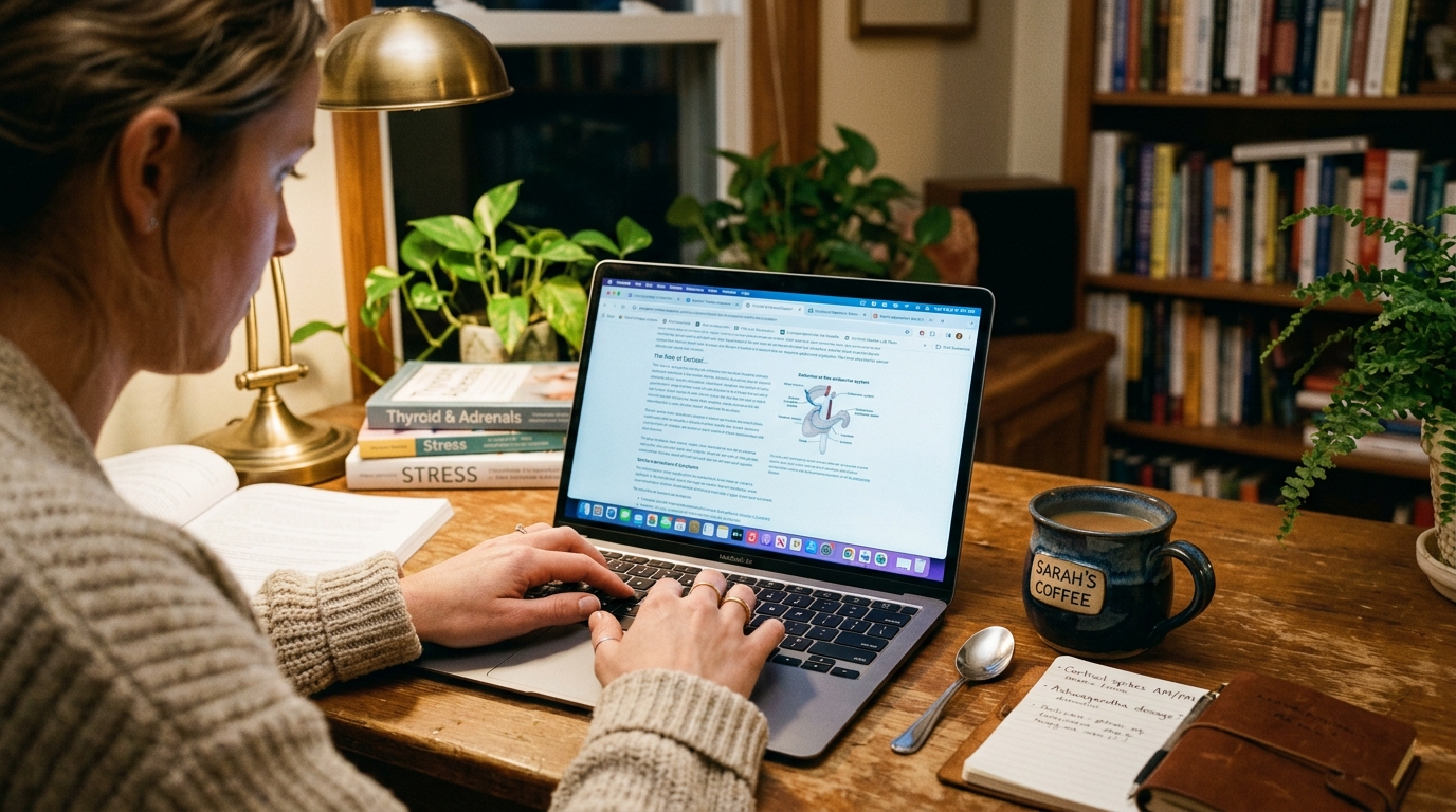 woman researching cortisol and adrenal health online