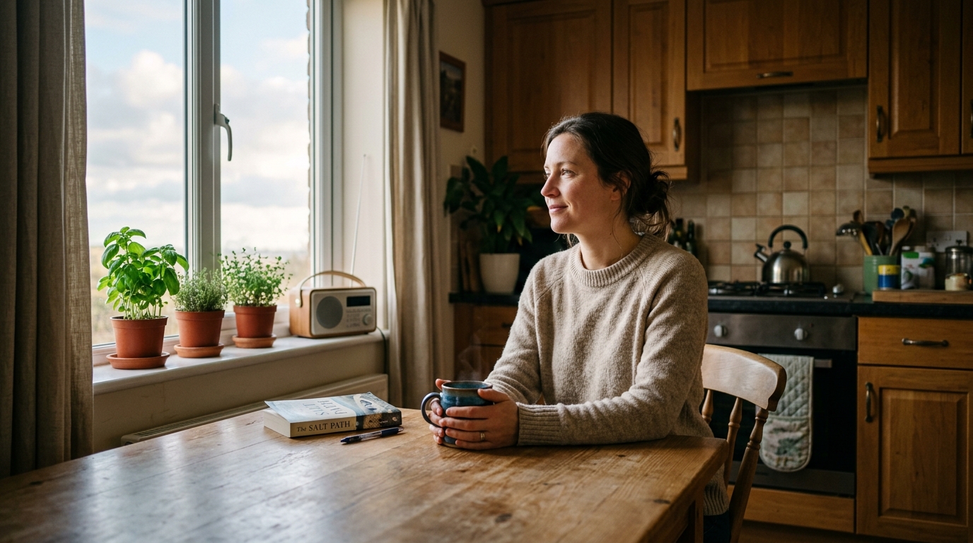 woman showing subtle morning improvement with coffee