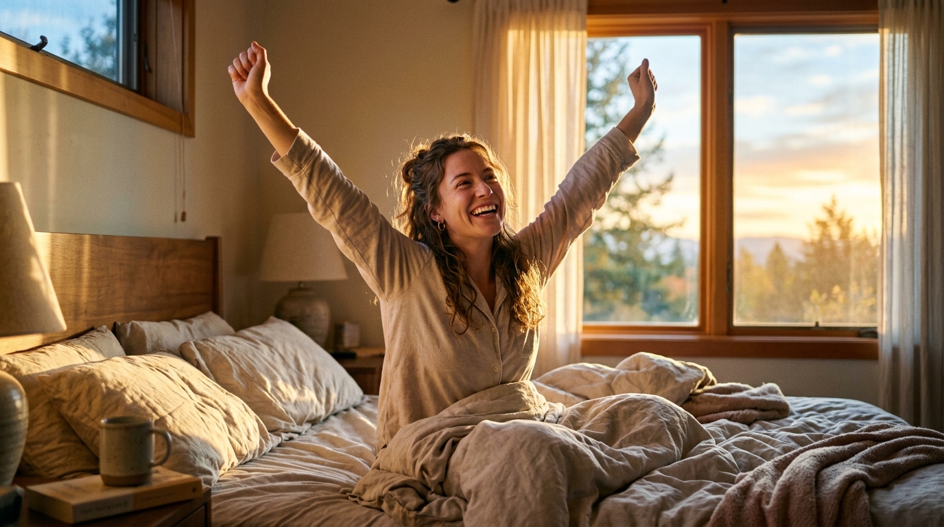 woman waking up naturally with renewed energy