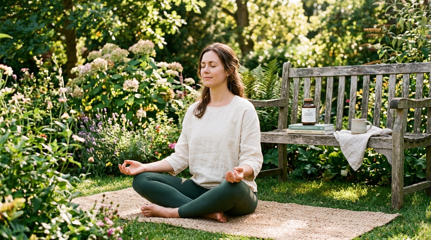 woman meditating with supplement support nearby