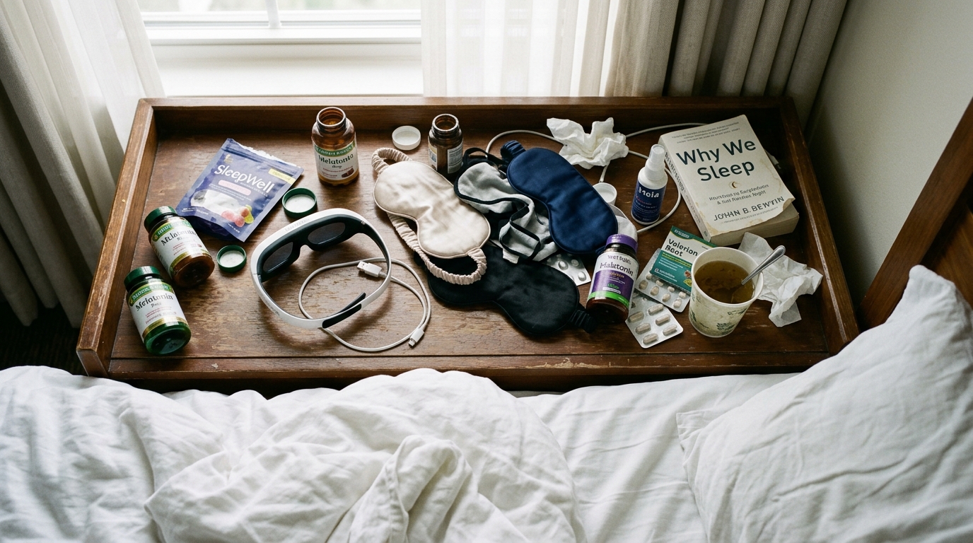 bedside table covered with various sleep aids and remedies