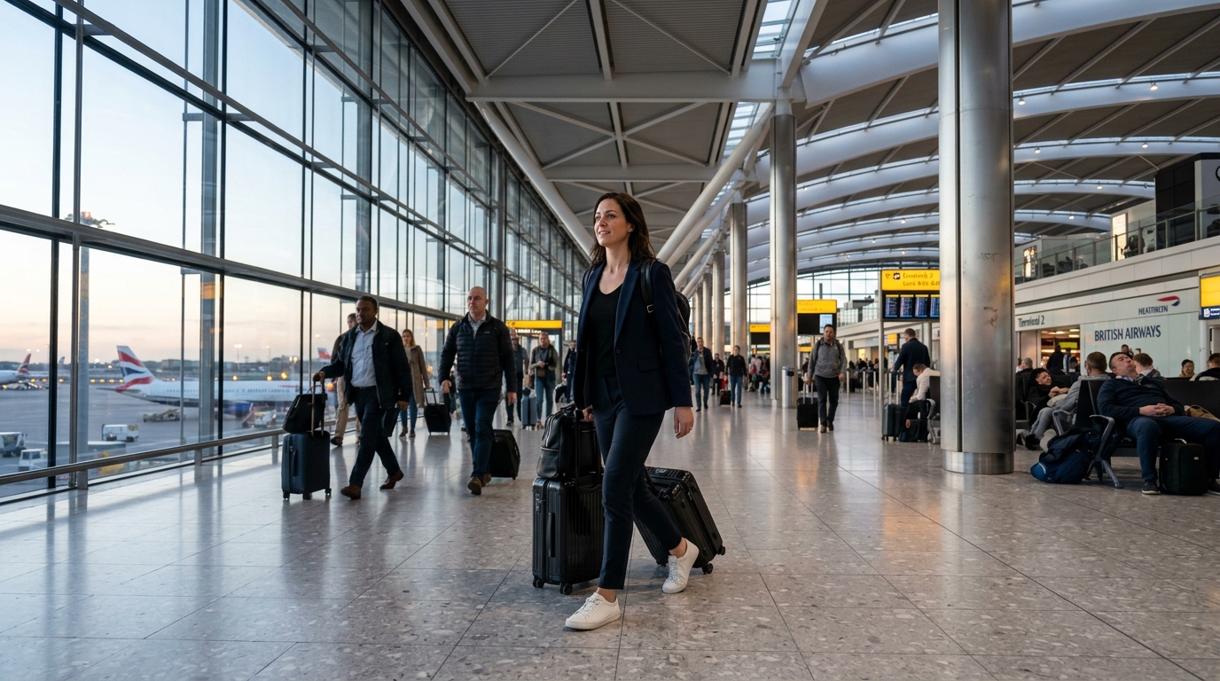 energetic woman walking through bright airport terminal after long flight