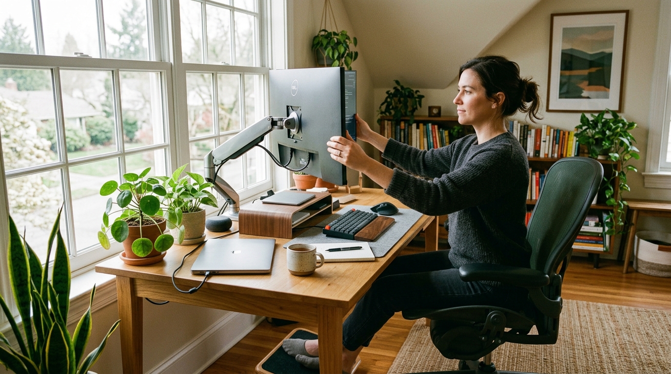 Woman adjusting computer monitor height
