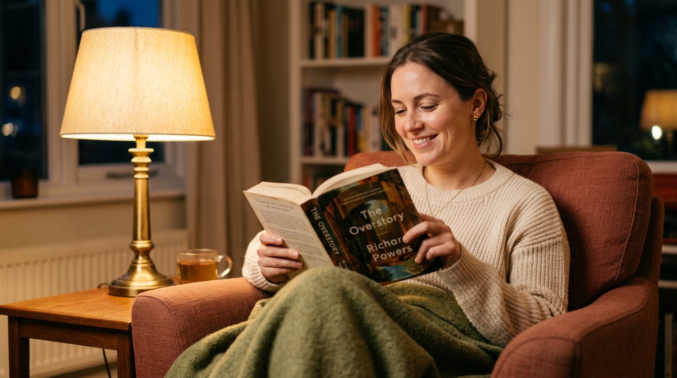 Woman reading peacefully in evening light