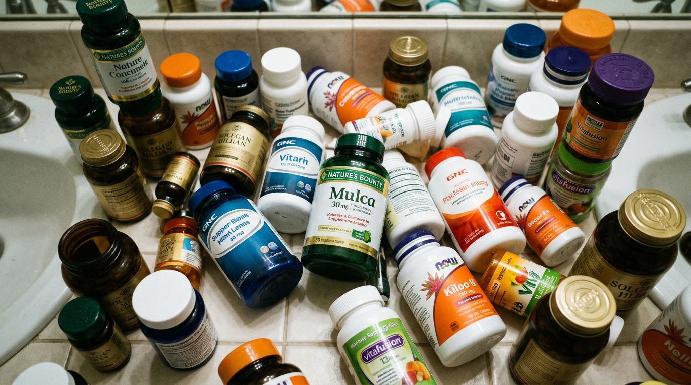 scattered supplement bottles showing supplement overwhelm