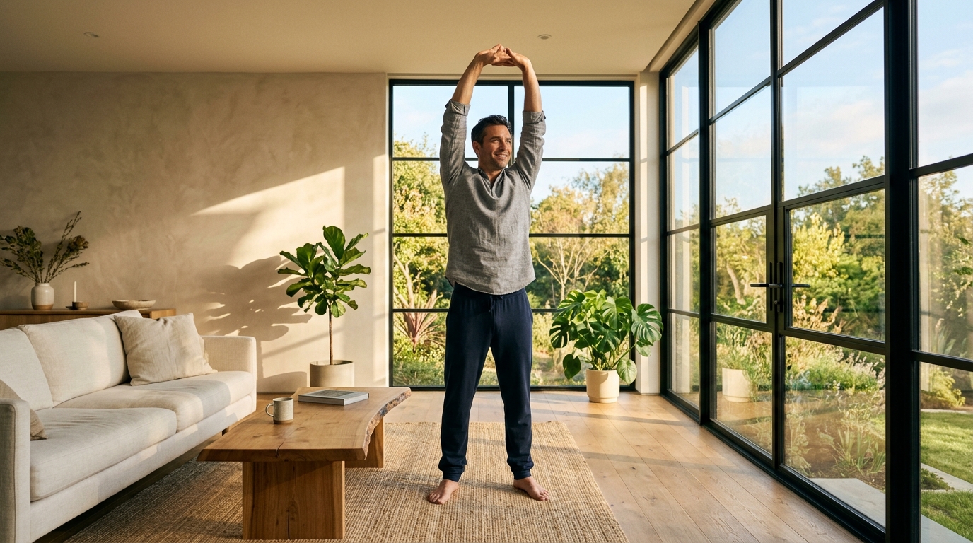 man stretching energetically in bright morning light