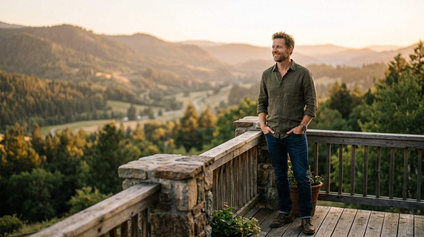 confident man overlooking natural landscape at sunset