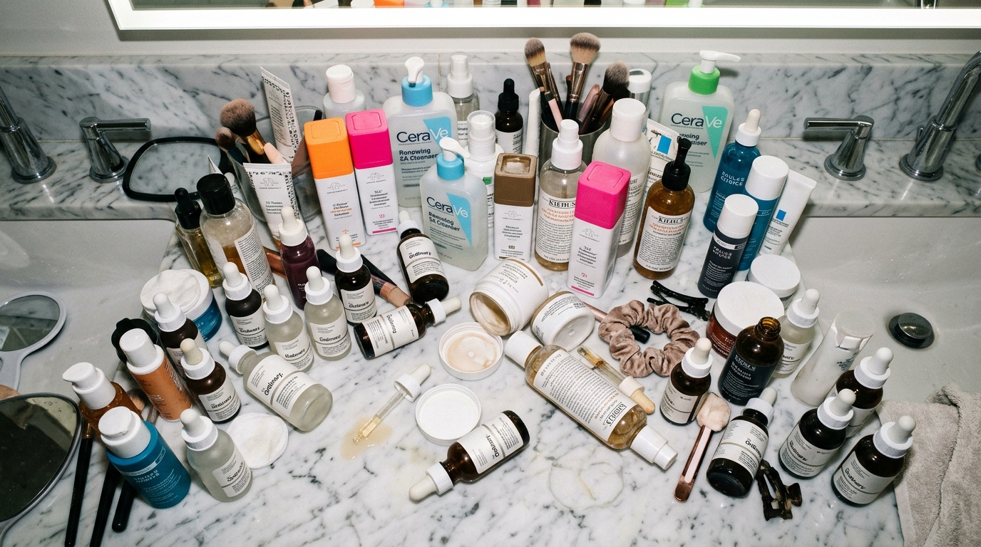 cluttered bathroom counter multiple skincare products scattered