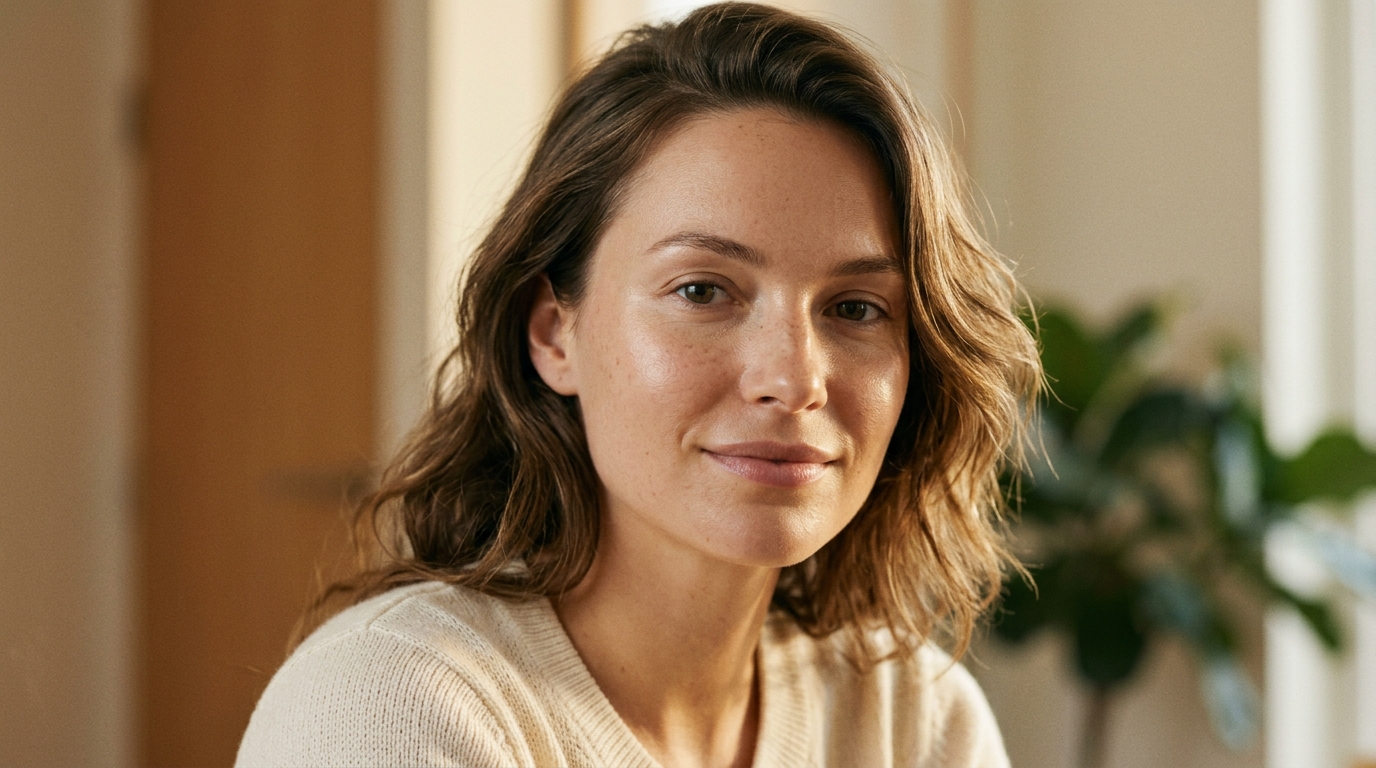 woman radiant healthy skin natural lighting confident expression