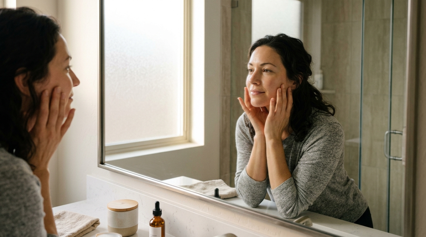 woman looking in mirror healthy skin peaceful expression