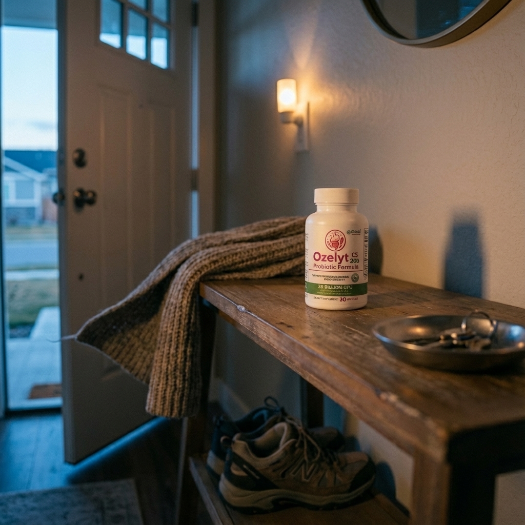 Ozelyt CS 20b bottle on entryway table at dusk after an evening walk