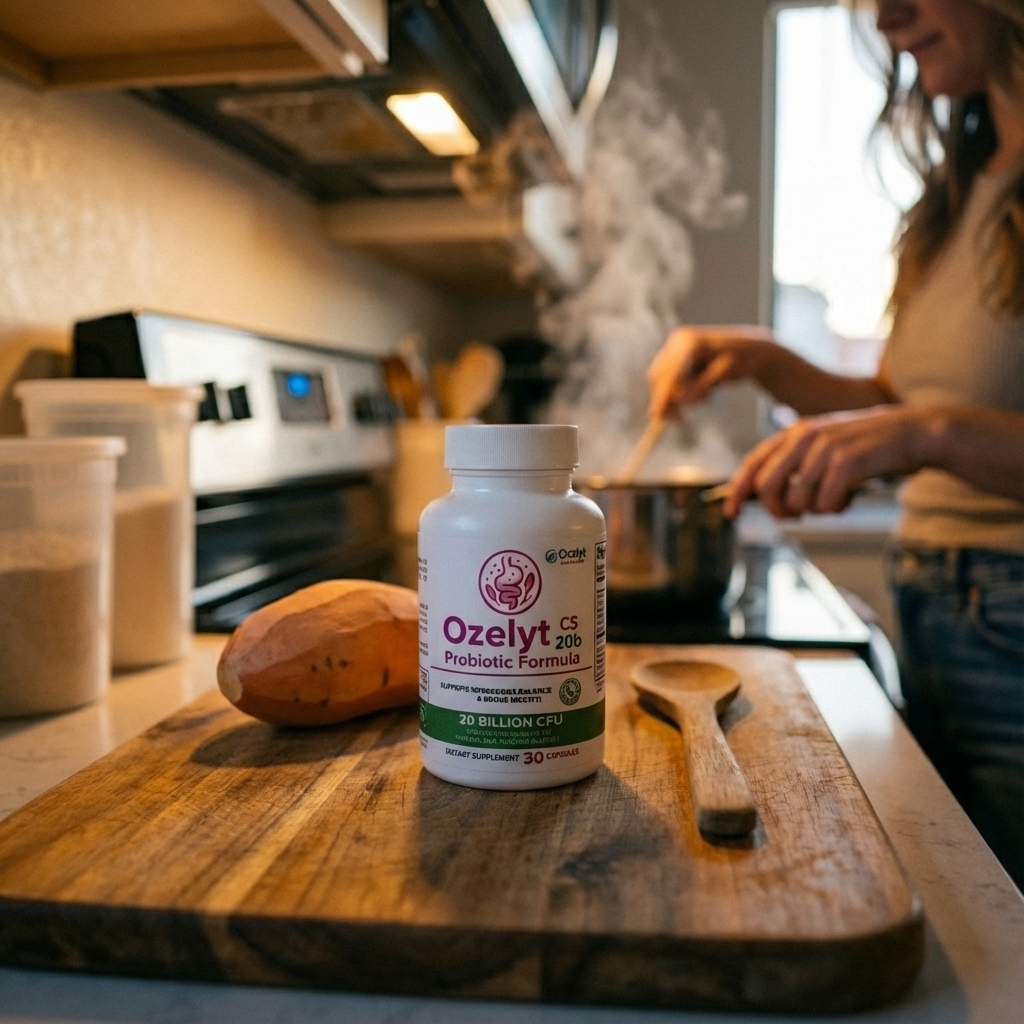 Ozelyt CS 20b bottle beside simmering pot in warm kitchen light