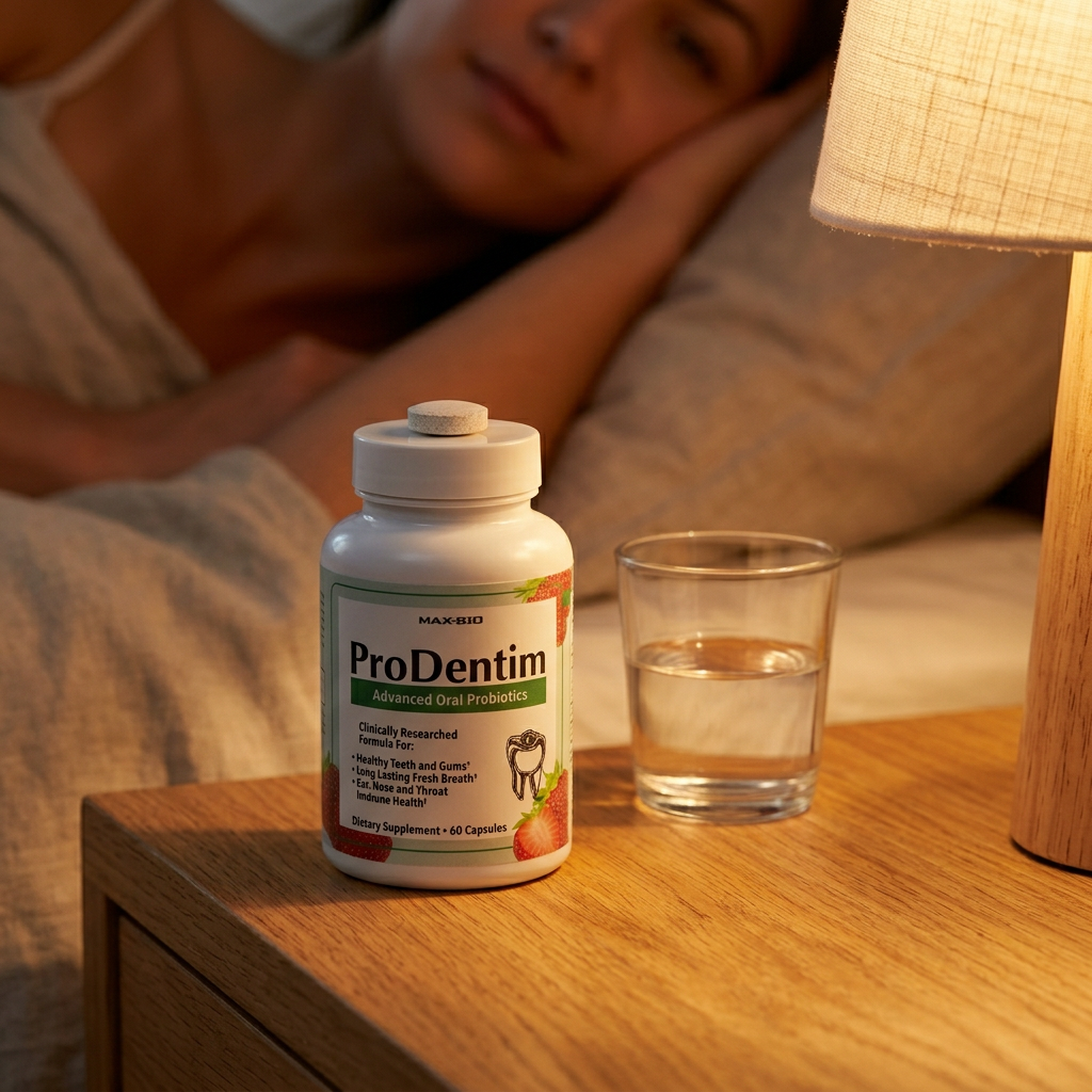 ProDentim bottle on wooden bedside table in warm lamplight evening setting