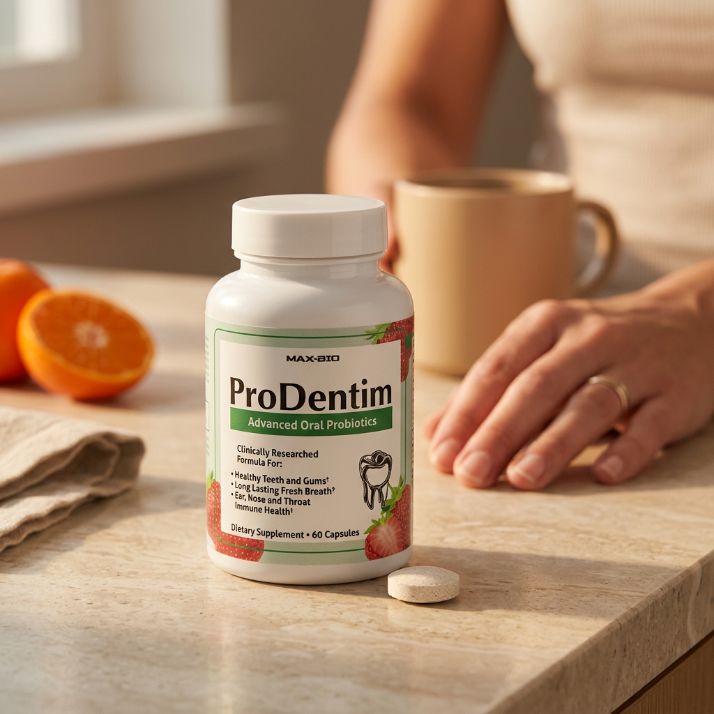 ProDentim bottle on stone countertop in soft morning light beside a clementine