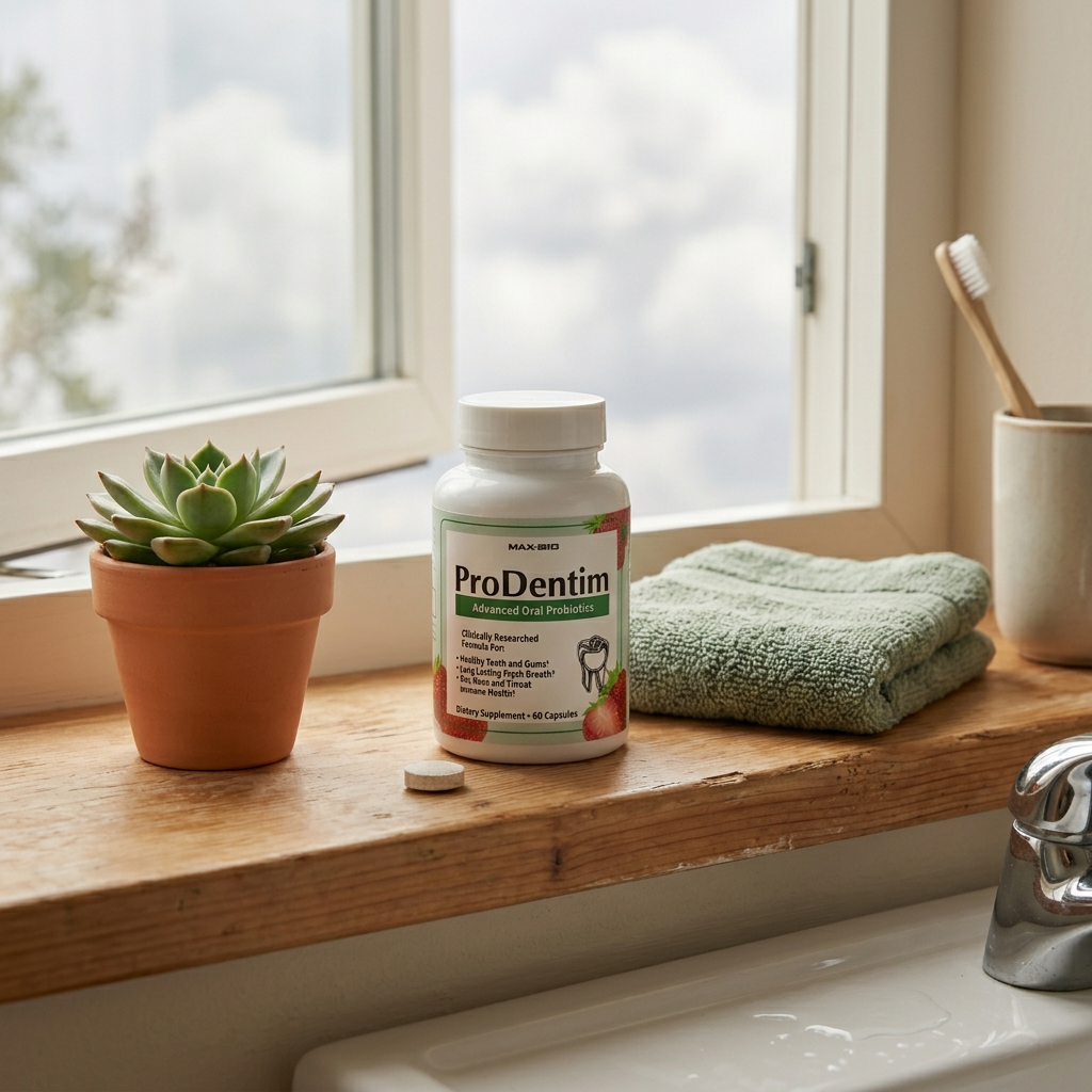 ProDentim bottle on bathroom shelf beside open window in soft cloud light