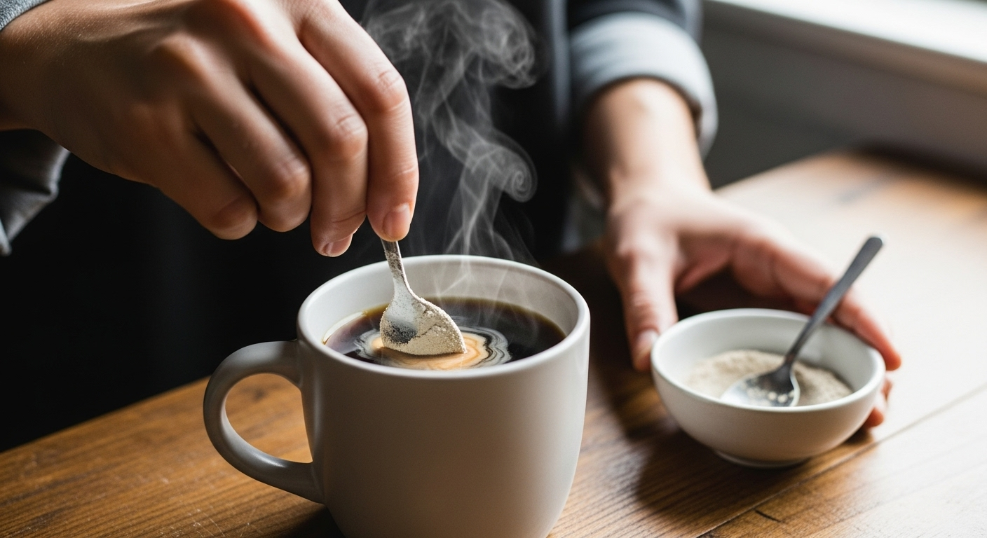 Hand stirring unbranded powder into a steaming coffee in a plain ceramic mug.