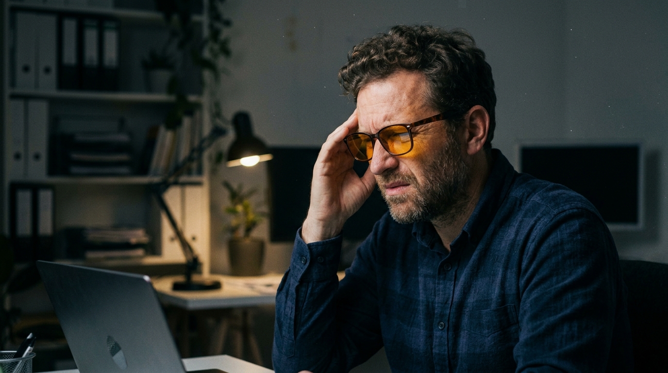 man wearing computer glasses still experiencing eye strain