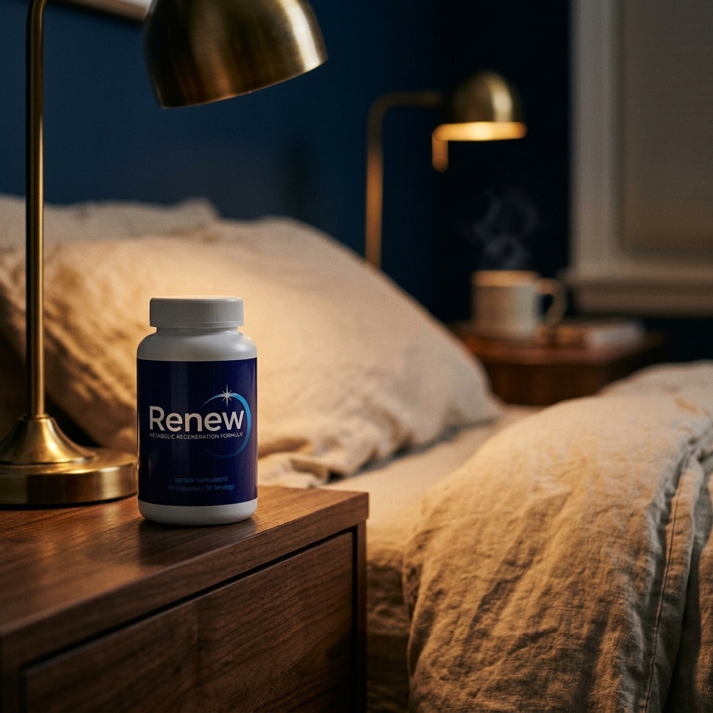 Renew supplement bottle on a walnut nightstand in warm lamplight