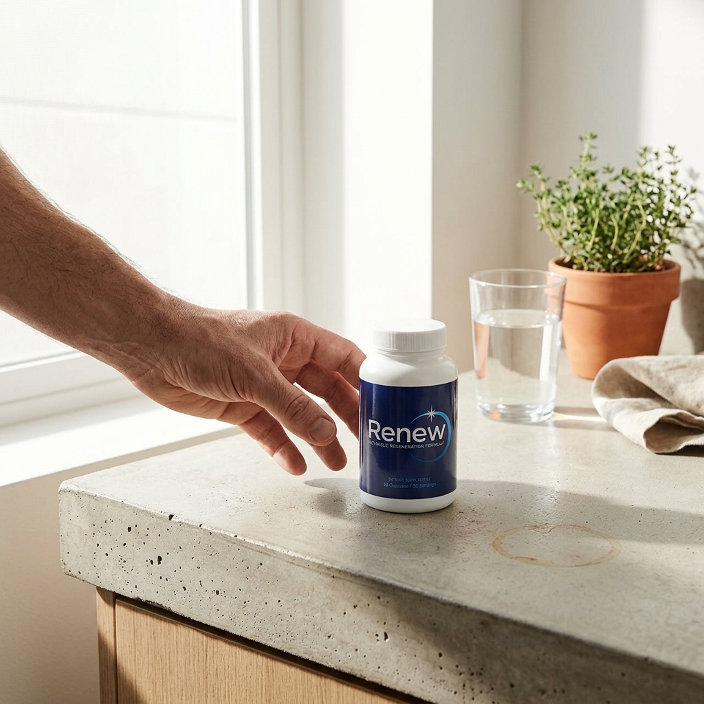 Renew bottle on kitchen counter in morning light with a hand reaching toward it