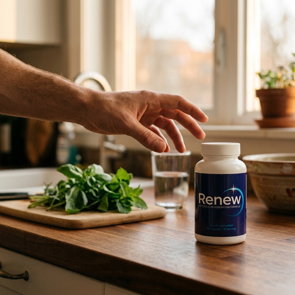 Renew supplement bottle on a kitchen counter in warm evening light