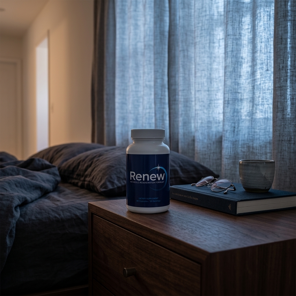 Renew supplement on a nightstand in soft pre-dawn light