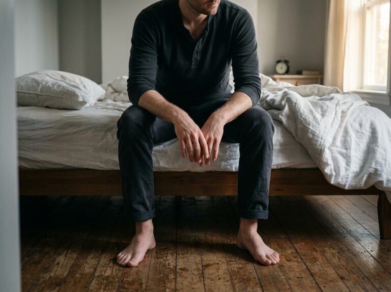 Man sitting on the edge of a bed in soft morning light
