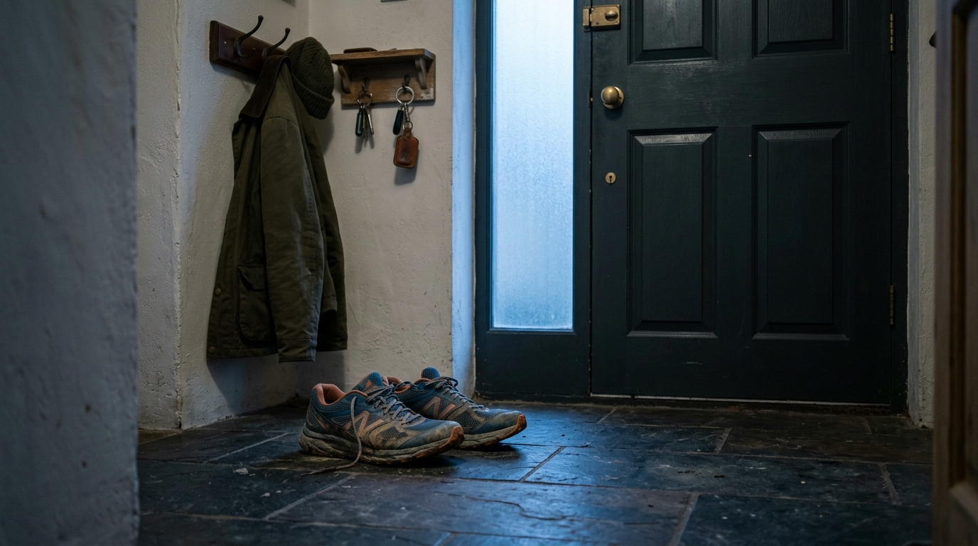 Untouched running shoes by a front door in dim morning light