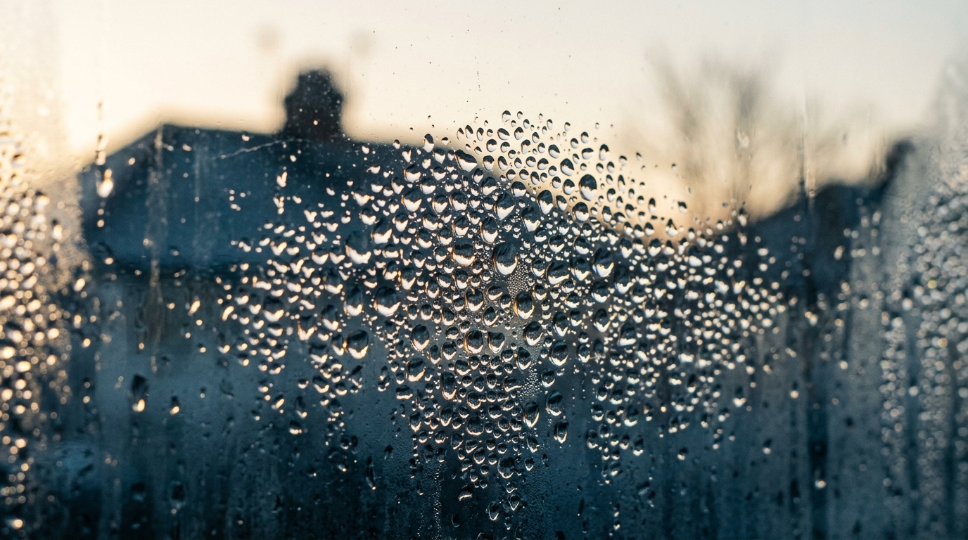 Condensation droplets on glass refracting dawn light
