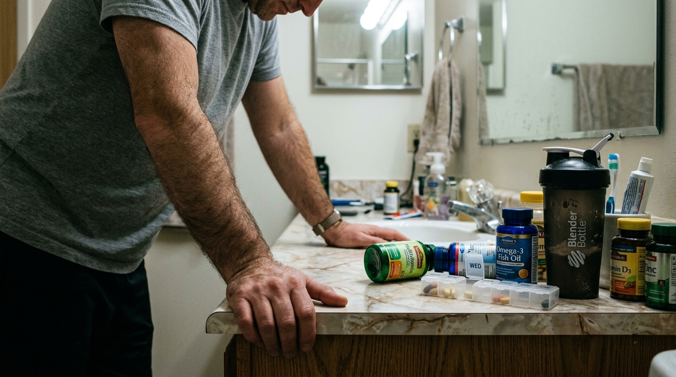 Mans hands resting on a cluttered bathroom counter with supplements
