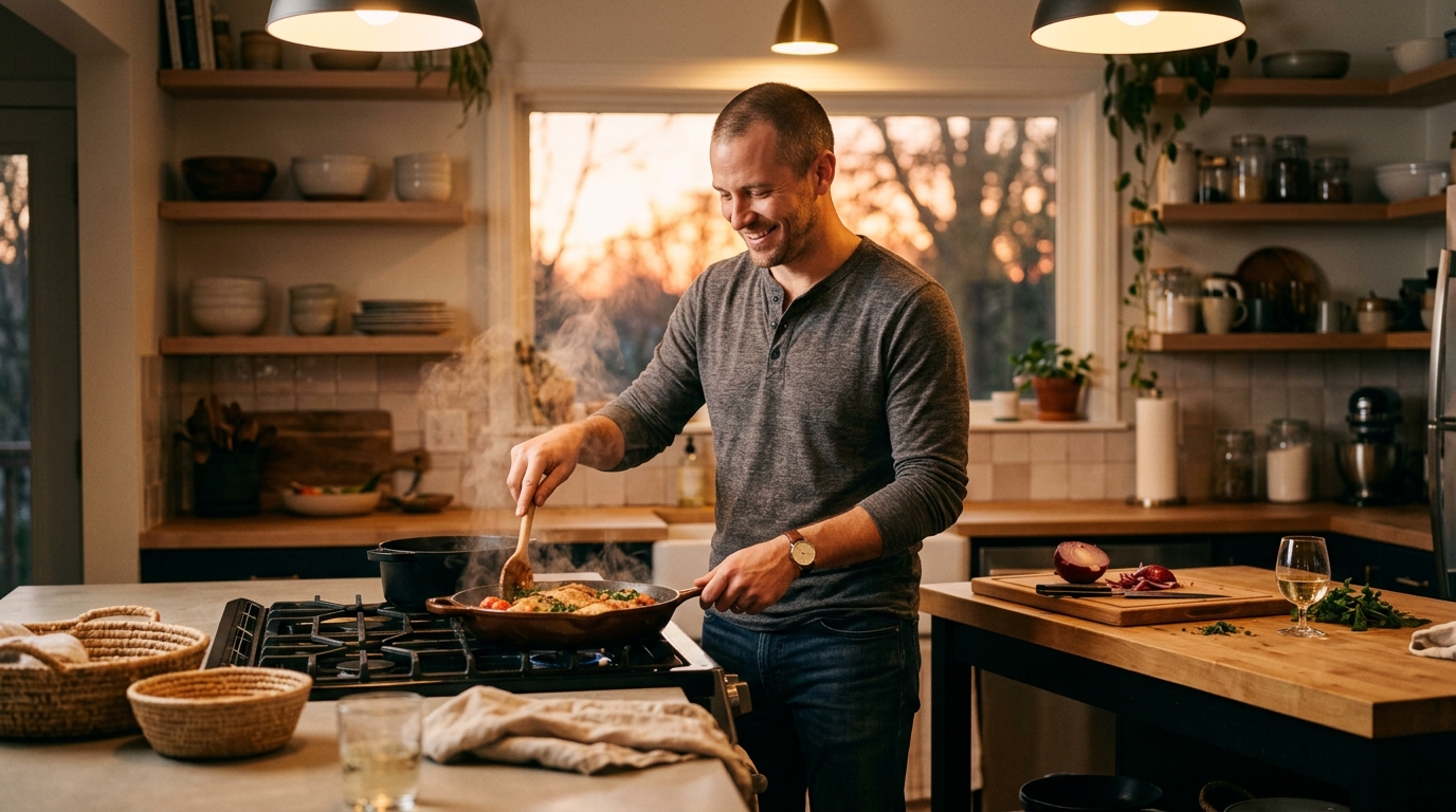 Man cooking at a kitchen stove in warm evening light
