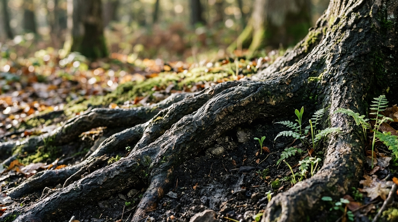 Tree roots breaking through rich soil in morning sidelight