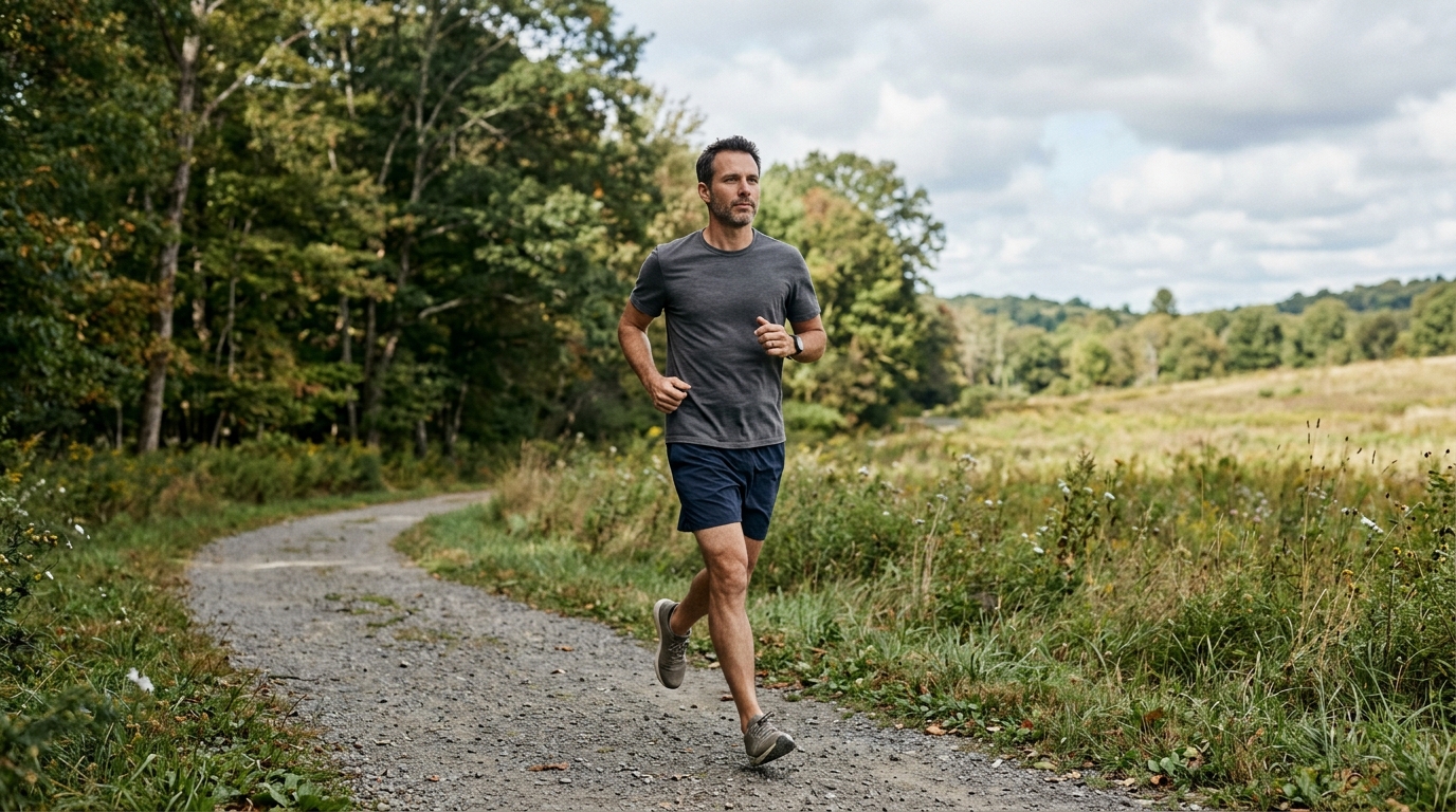 Man running on a gravel trail in mid-morning light
