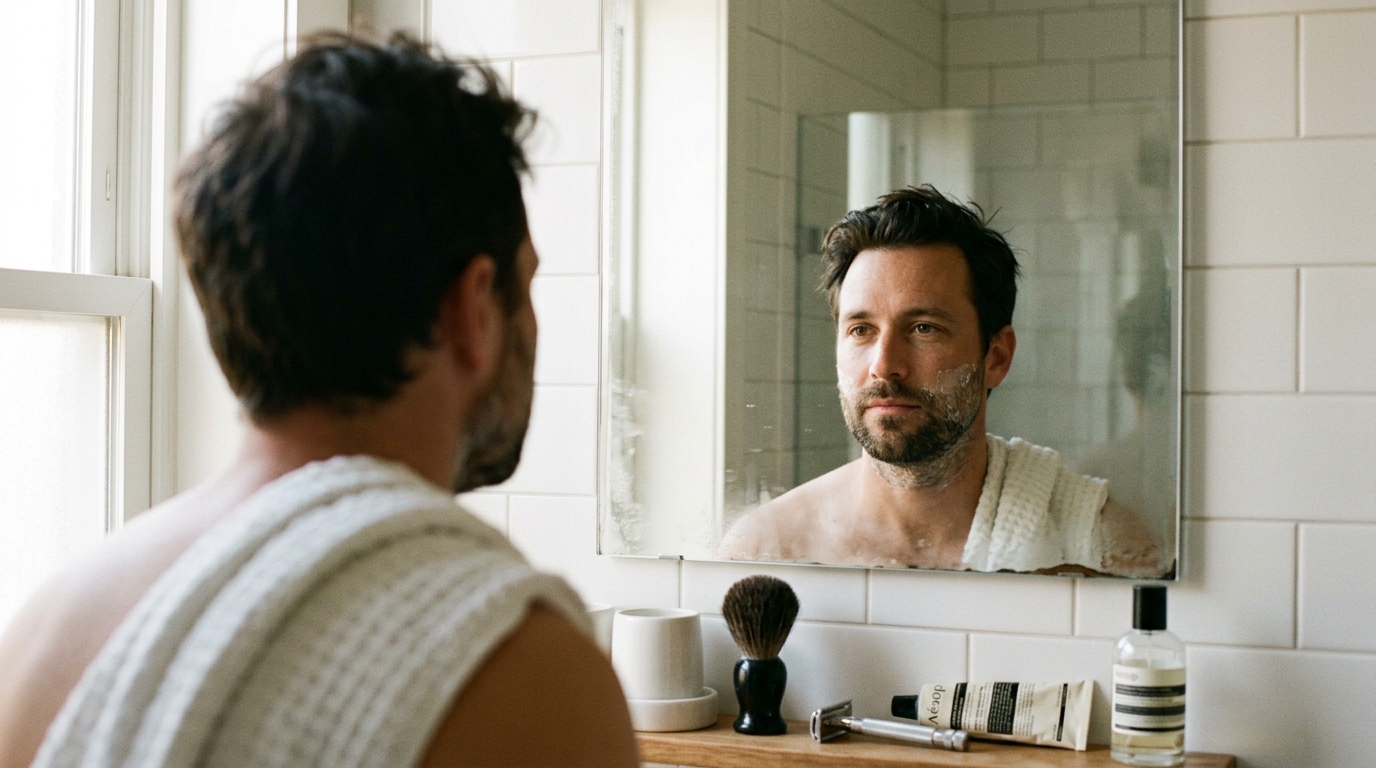 Man looking at his reflection in a bathroom mirror in morning light