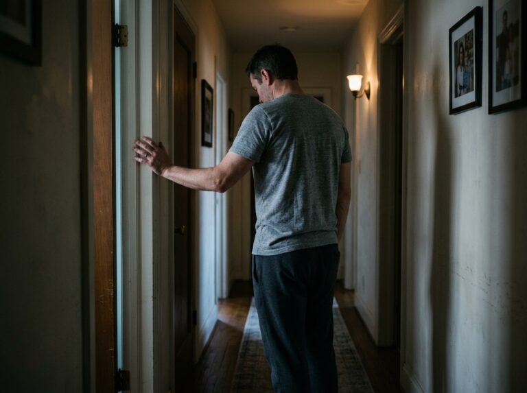 Man pausing in a dim hallway just before dawn light