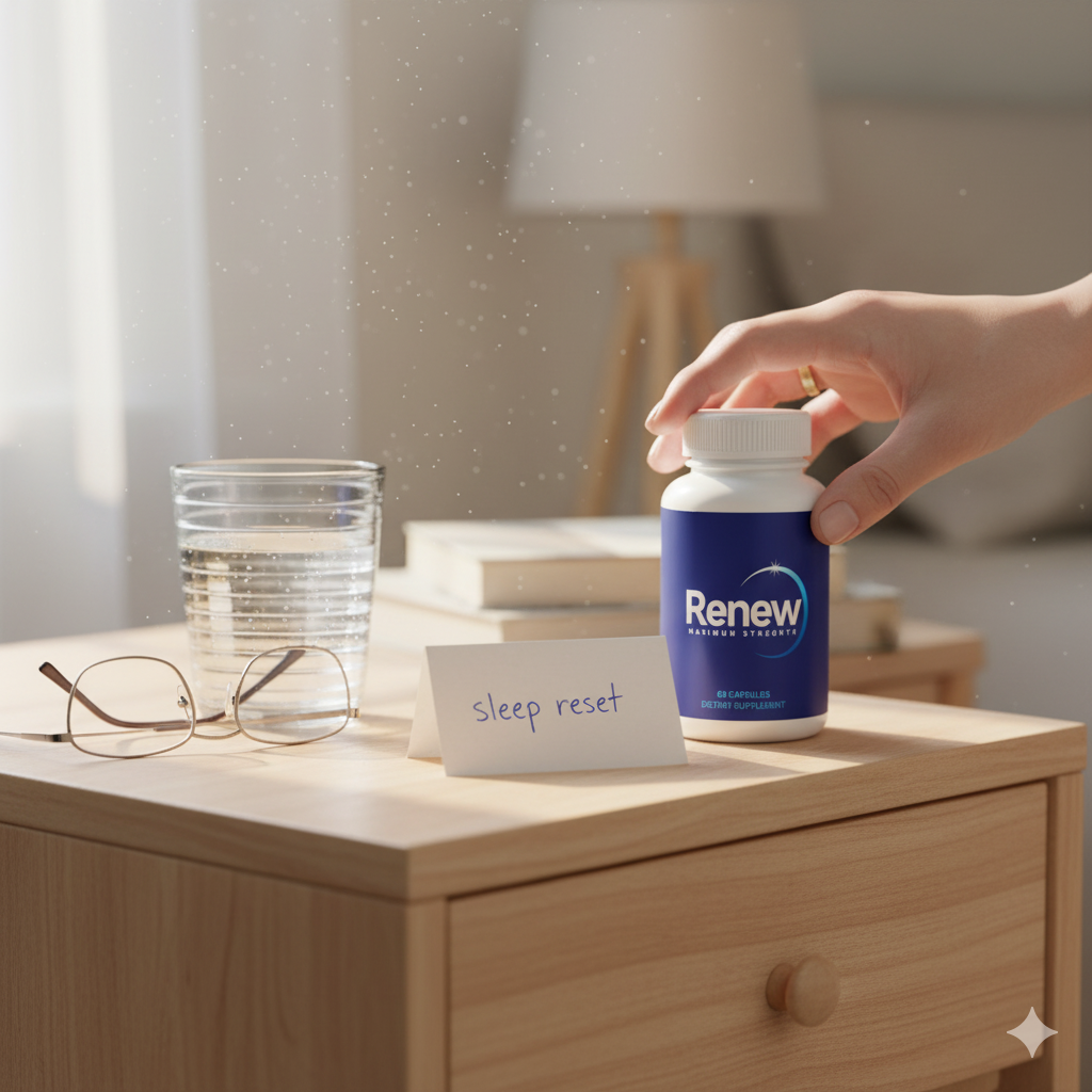 Bottle of Renew sleep supplement on sunlit nightstand supporting overnight cellular regeneration.