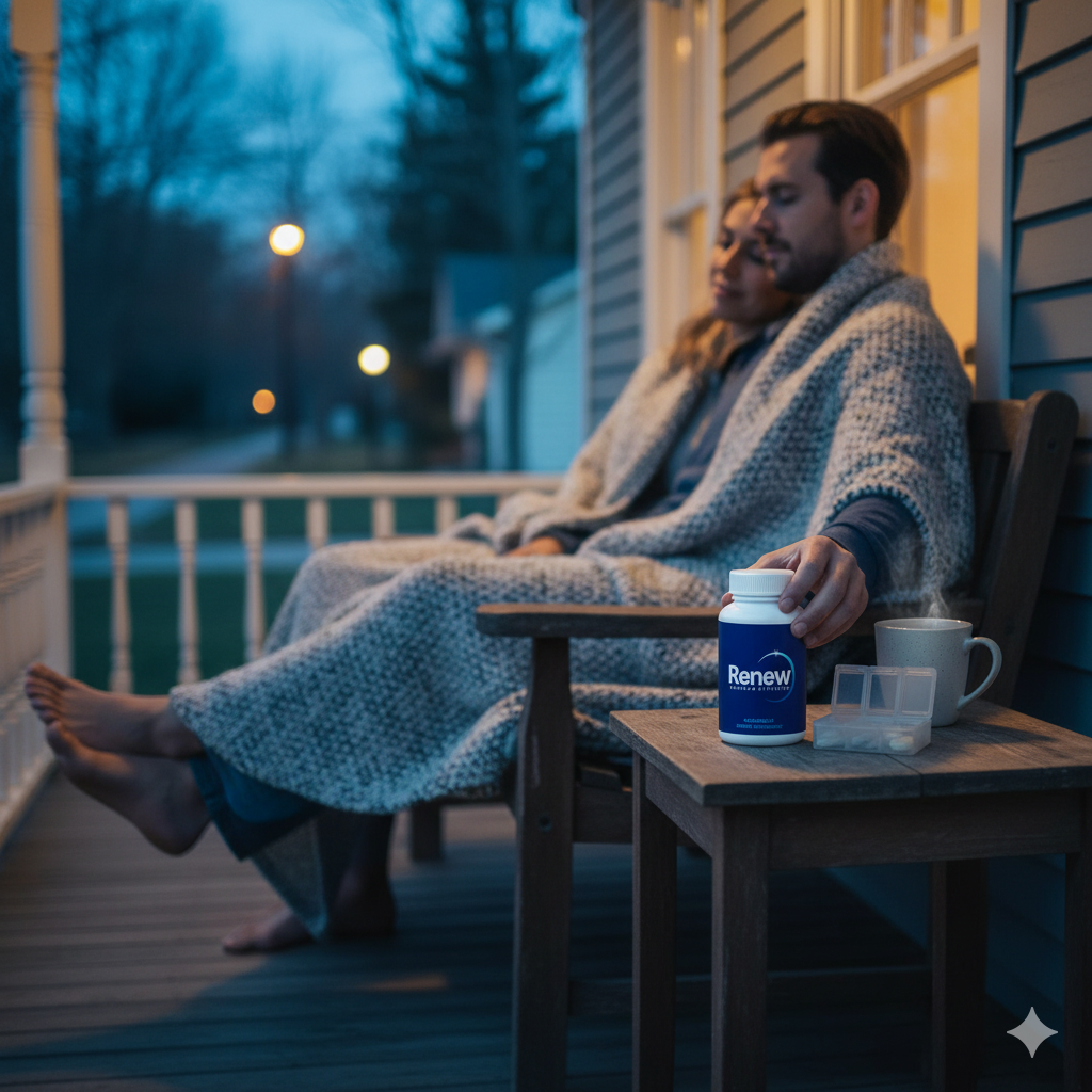 Couple on a porch at dusk with a Renew bottle on the side table.