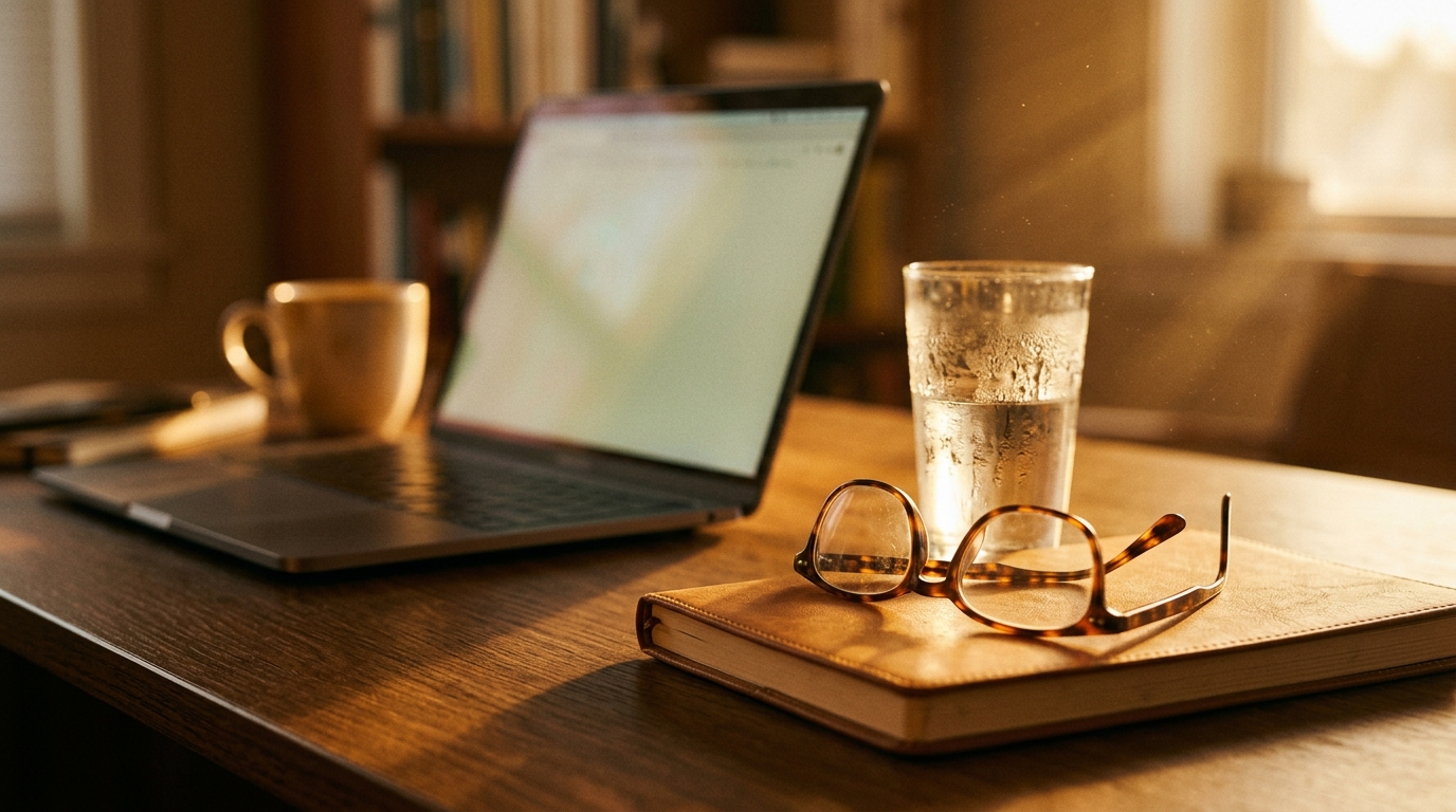 Afternoon desk with untouched water glass and folded reading glasses