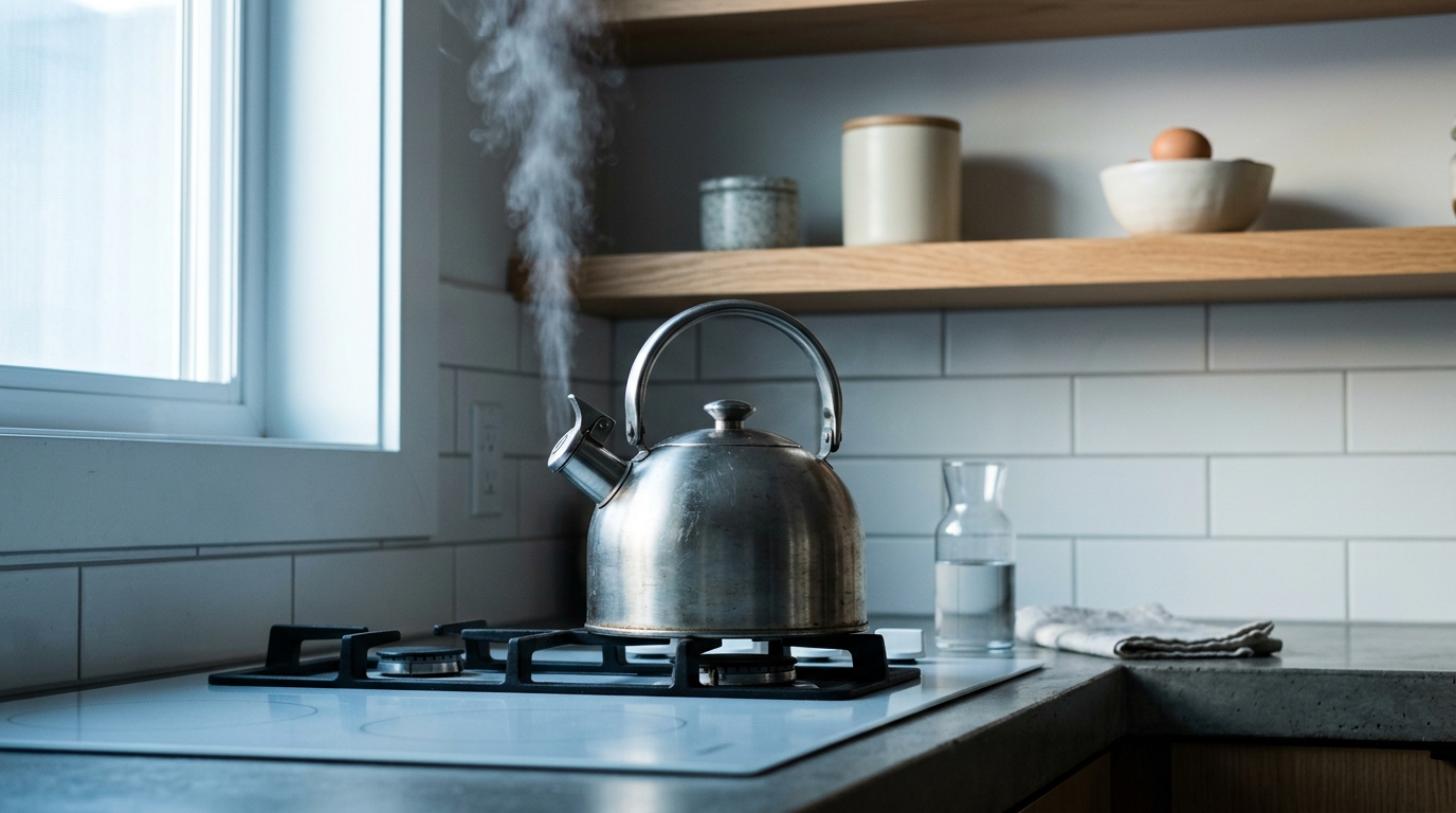 Stovetop kettle releasing steam in cool early morning light