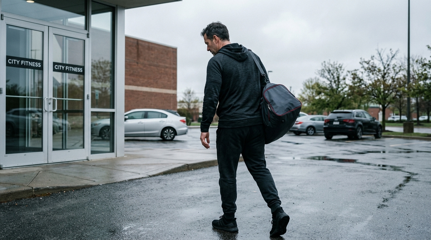 Man walking away from a gym into an overcast parking lot