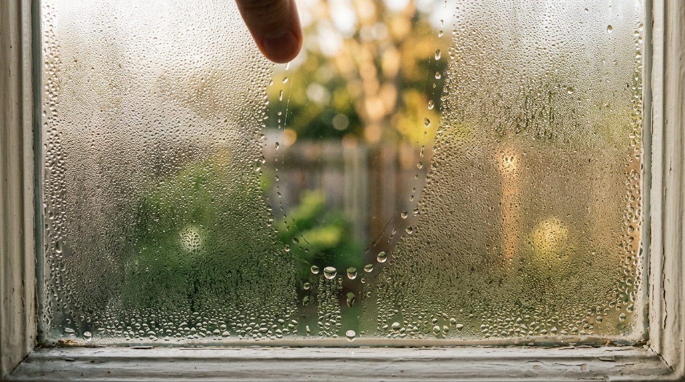 Morning condensation on a window with a single finger trail of clarity
