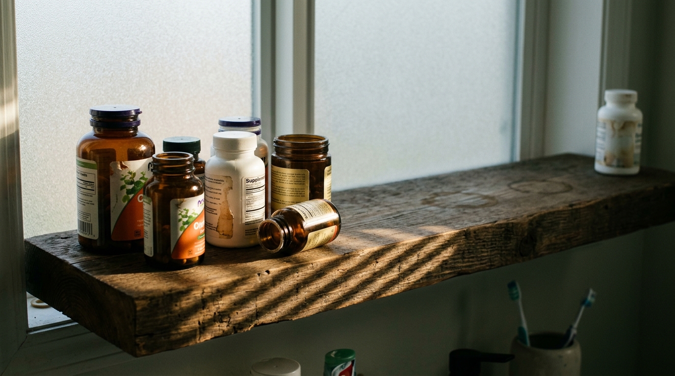 Row of supplement bottles on a bathroom shelf in afternoon side-light