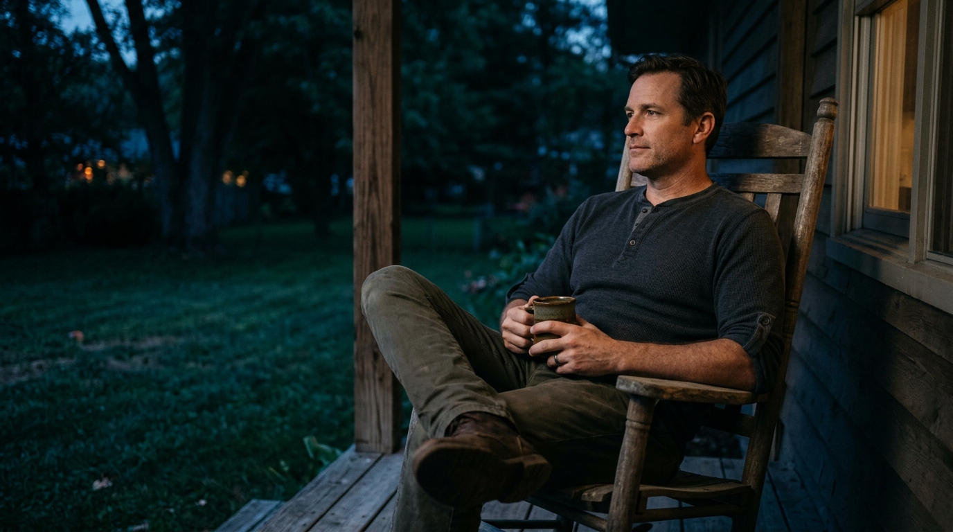 Man sitting on a back porch at dusk holding a ceramic mug