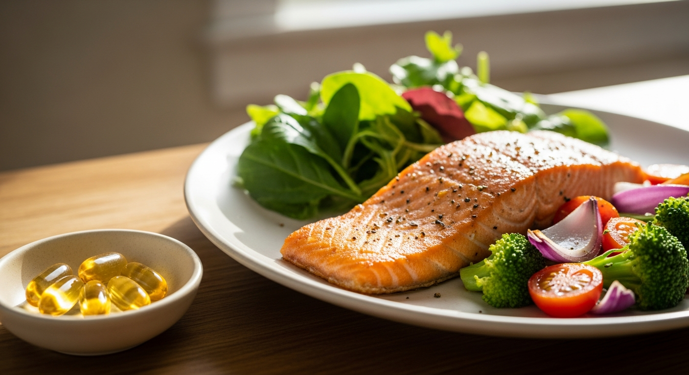 Plate of salmon and vegetables with a small dish of omega-3 capsules nearby.