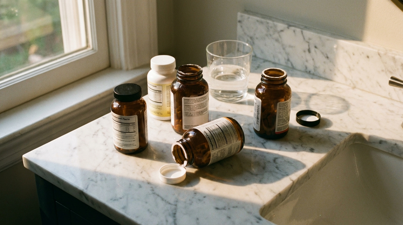 Scattered supplement bottles on marble counter in afternoon light