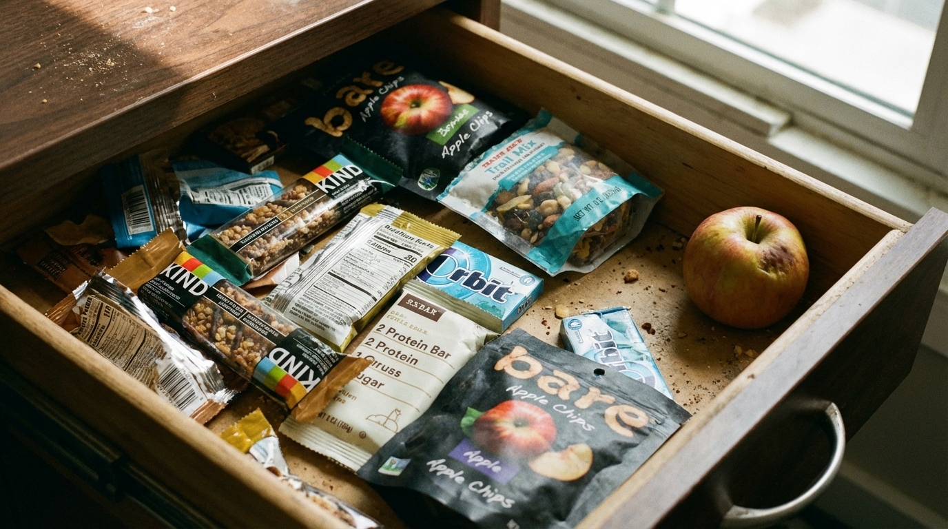 Open snack drawer filled with packaged foods and wrappers