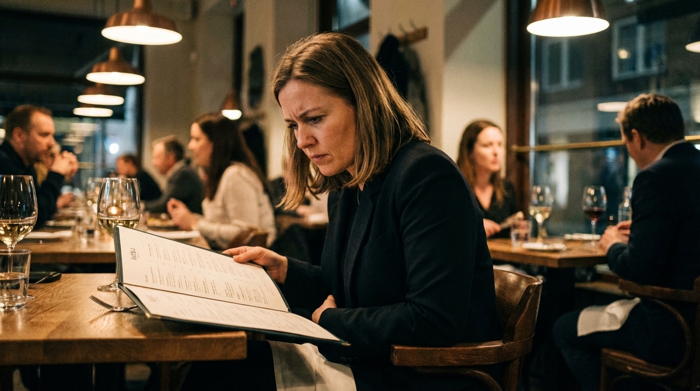 Woman studying a restaurant menu with guarded expression